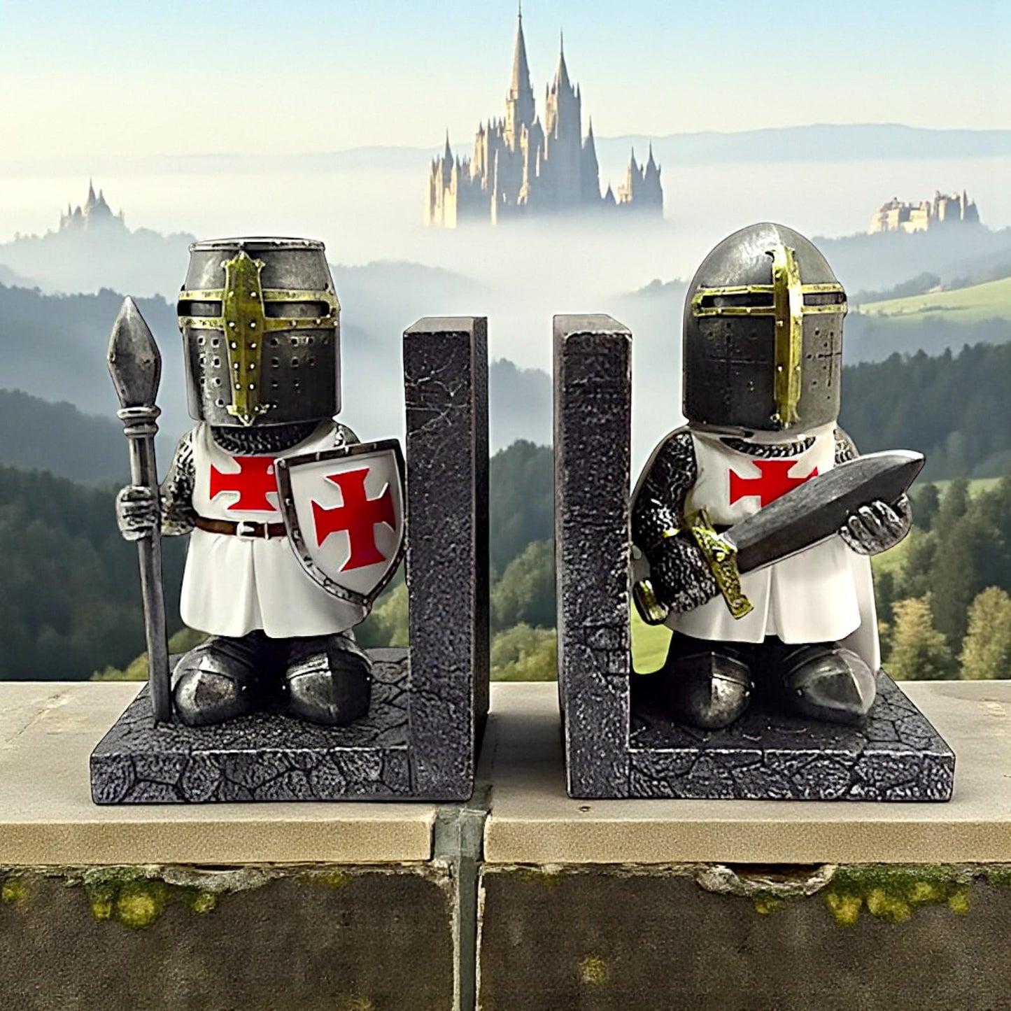Templar Knight Bookend Set Medieval Warrior Crusader Gothic Library Decor
