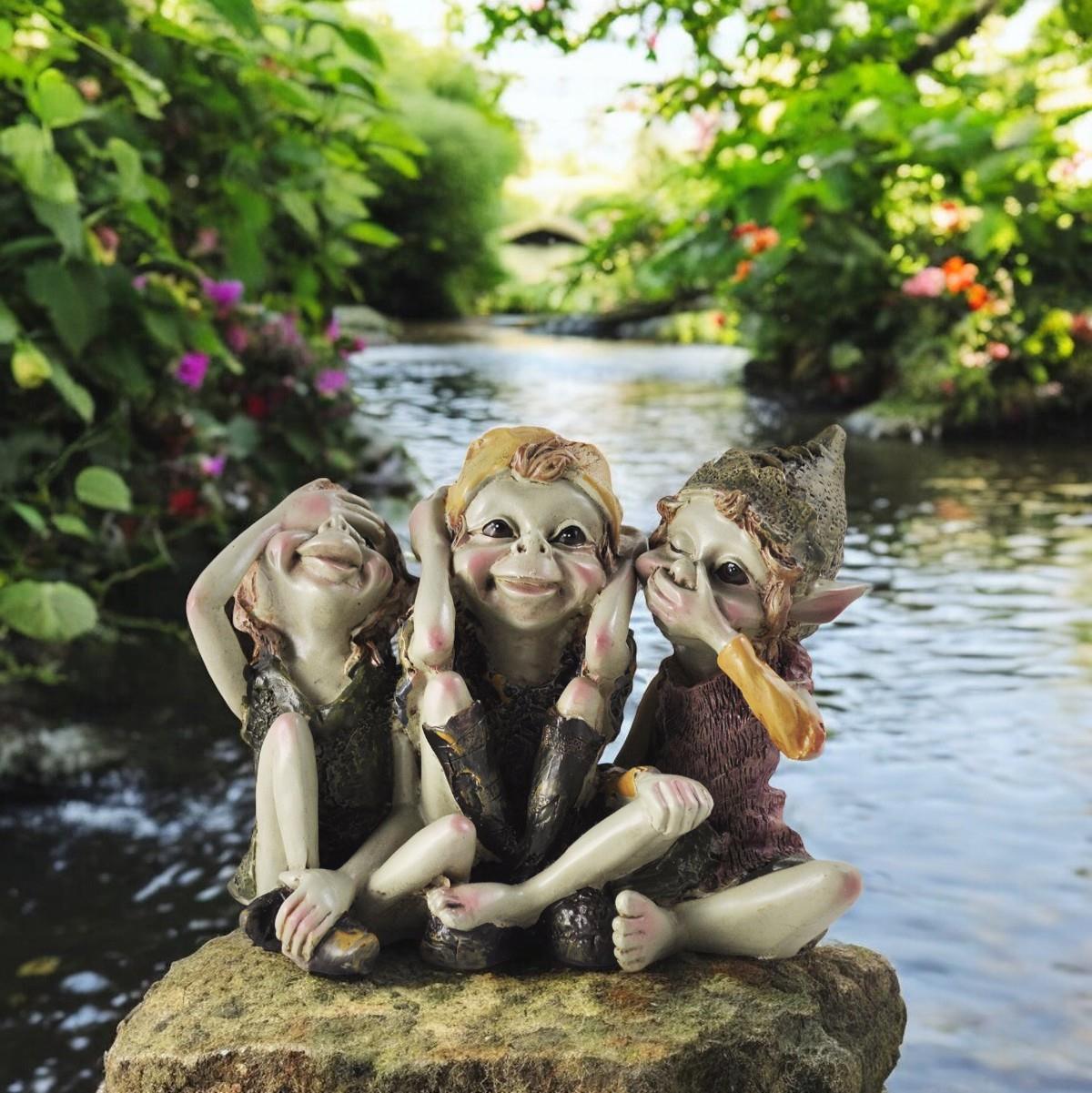 Three Wise Pixies Garden Figurine - Hear No Evil, See No Evil, Speak No Evil - Designed by Anthony Fisher - 14.3cm Wide