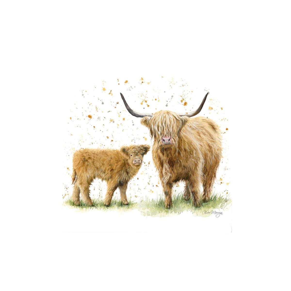 Happy Highlands Ceramic Art Tile by Bree Merryn 20x20cm - Wall Ready - Highland Cow & Calf