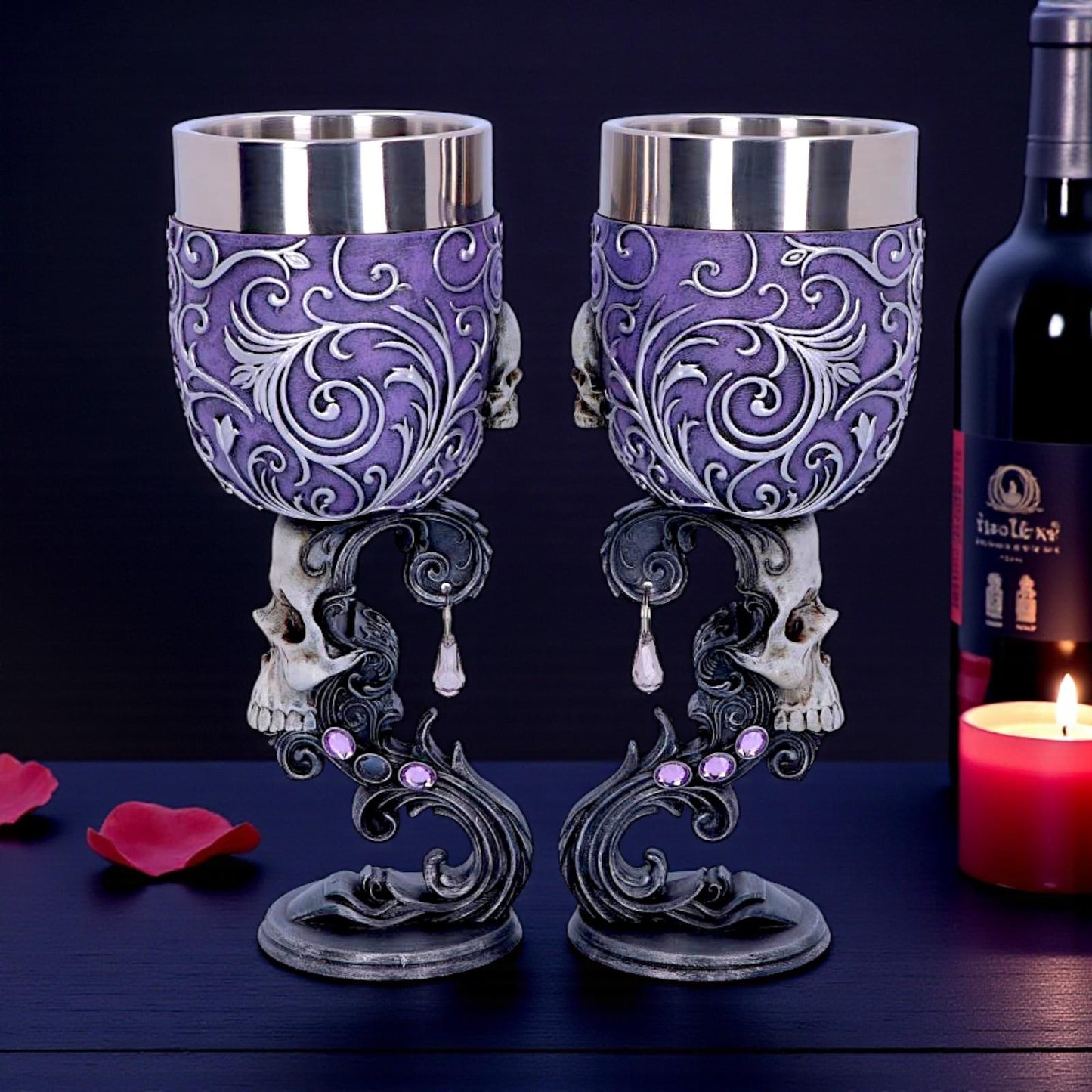 Gothic Set Skull Goblets Heart Shaped Chalice Dark Fantasy Occult Altar Wine Cups