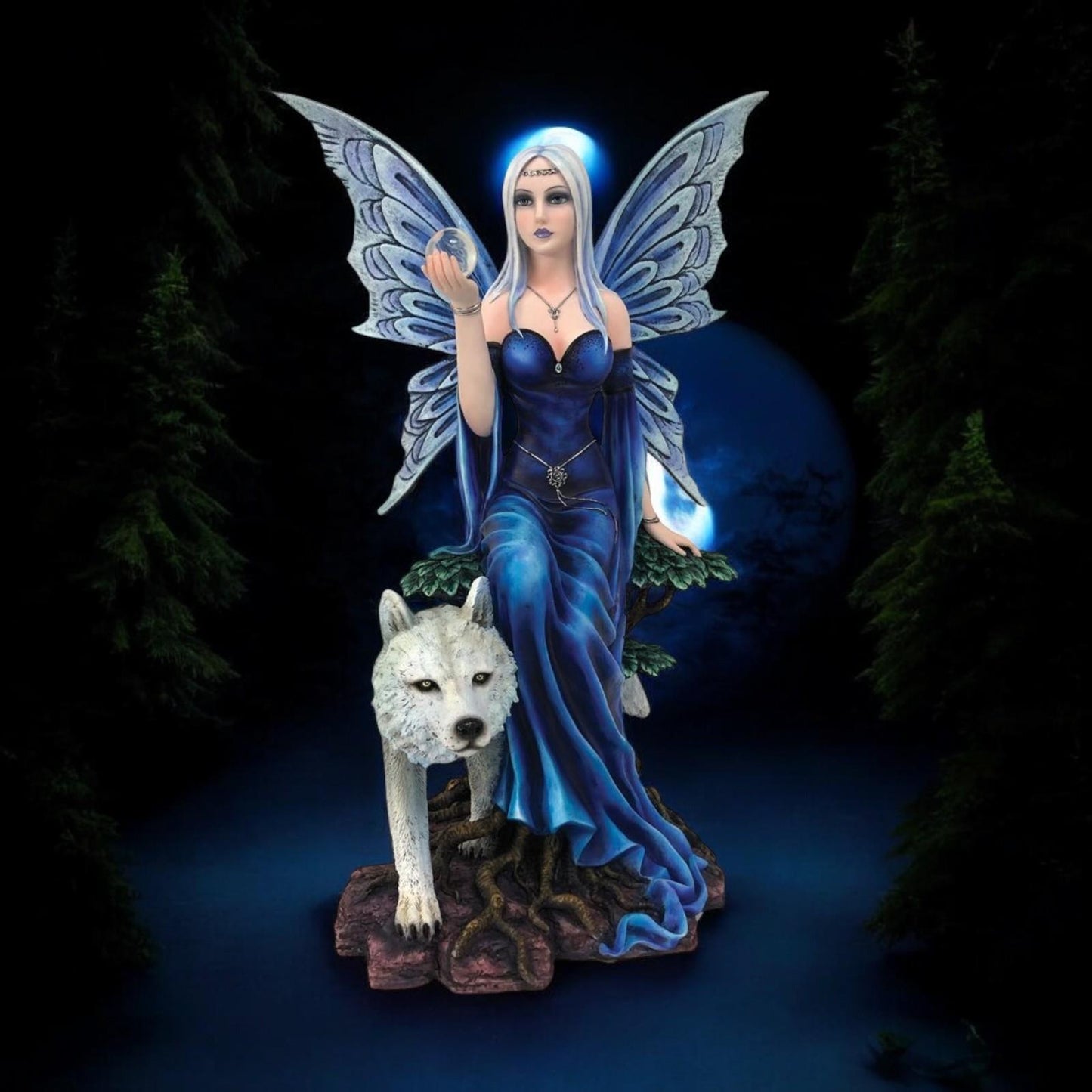 Large Blue Fairy and Wolf Figurine Fantasy Statue Collectable Gothic Ornament 49 cm