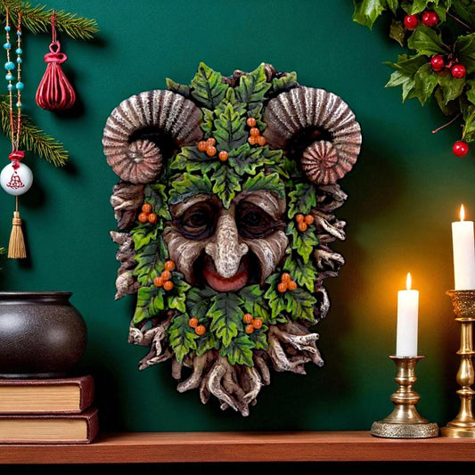 Pagan Horned Forest Guardian Sculpture Green Man Wall Plaque Wiccan Decor