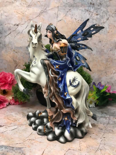 Blue Winter Fairy Riding Unicorn Display Figurine Statue Ornament