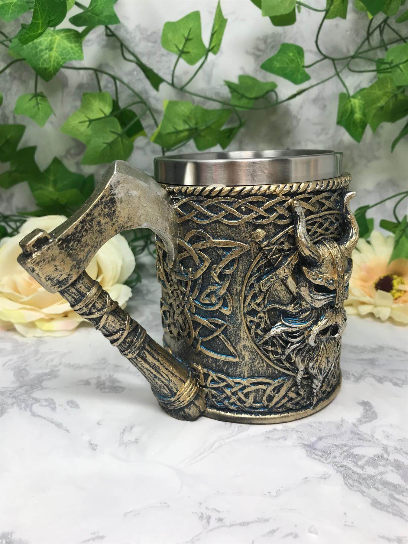 Valhalla Silver Tankard with Axe Handle Viking Warrior Drinking Cup Stein Ornament Table Decoration Norse Mythology Inspired