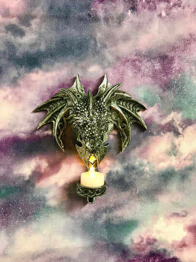 Novelty Gothic Dragon Head Candle Holder with LED Light Candle Wall Plaque Fantasy Art