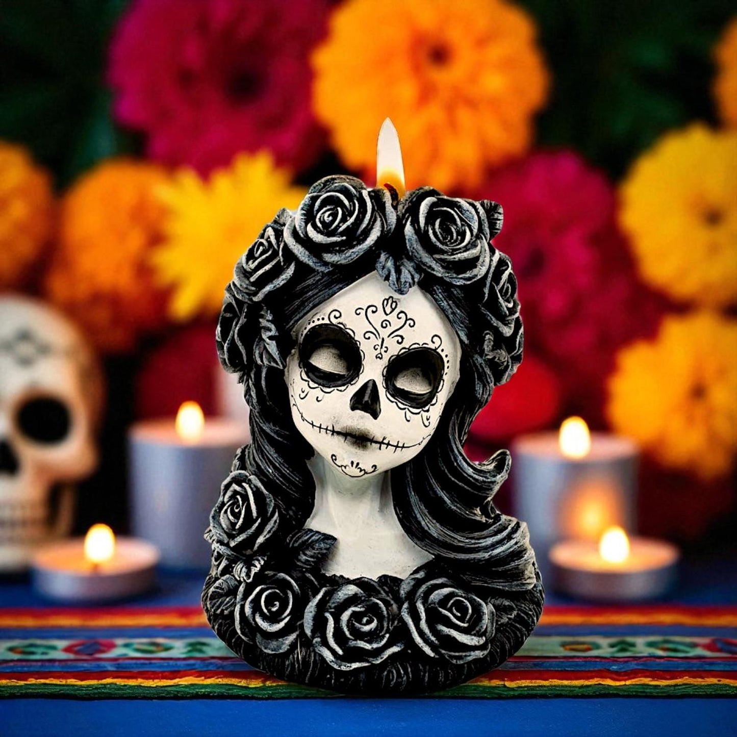 Gothic Day of the Dead Skull Tea Light Holder Flor de Muerte Day of the Dead Bust
