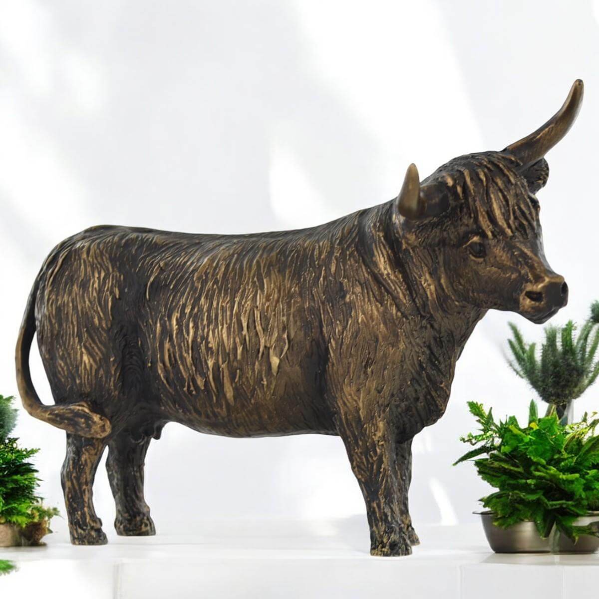 Bronze Effect Highland Cow Sculpture | Harriet Glen Design | Rustic Farmhouse Decor | Highland Cattle Resin Statue