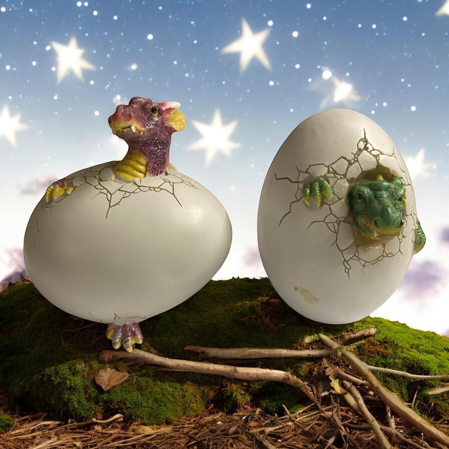 Set of 2 Dragon Egg Hatchlings Figurines – Purple & Green Baby Dragons Breaking Through Shells