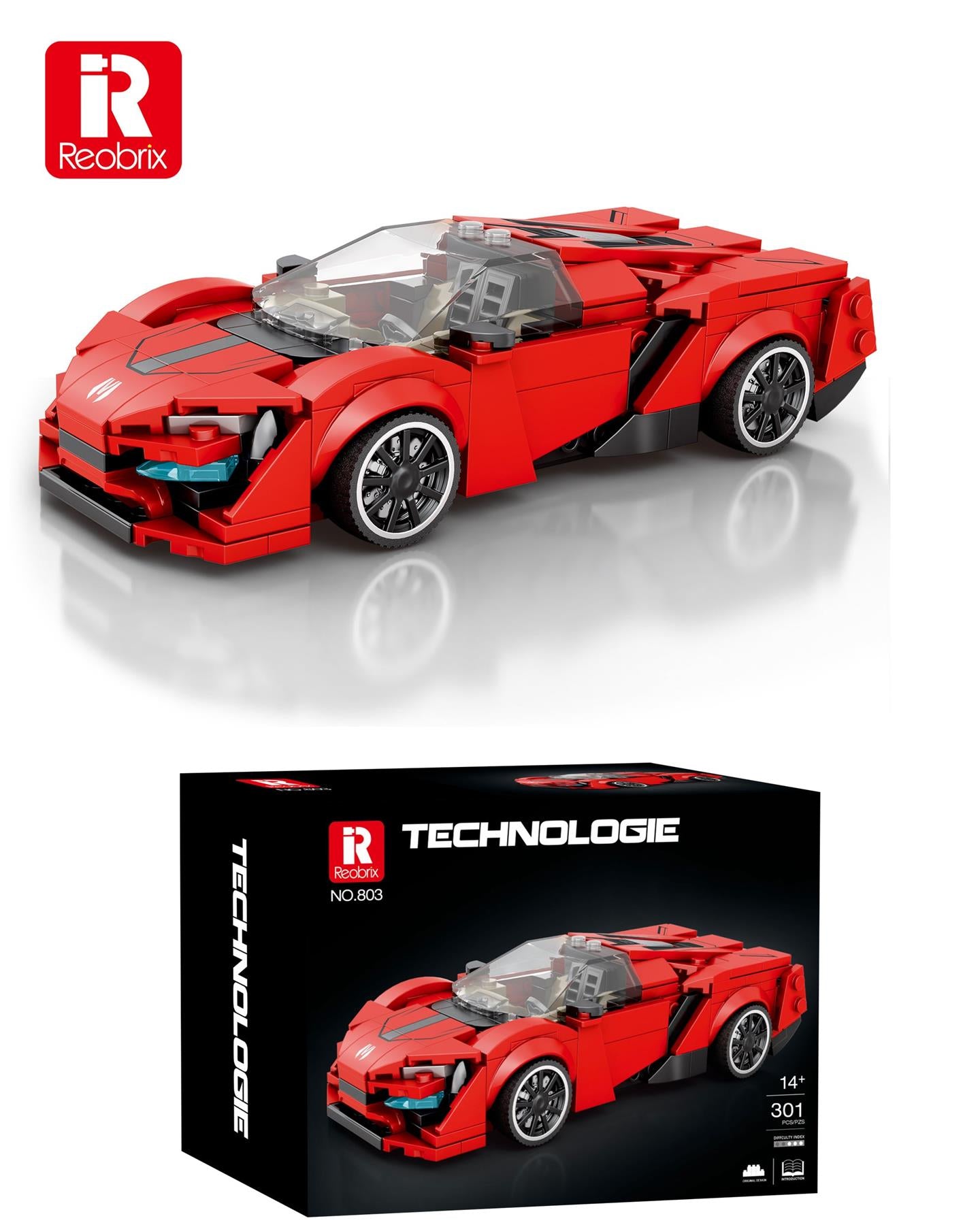 Reobrix NO.803 Red Sports Car Building Blocks Set 301pcs Technic Model Kit