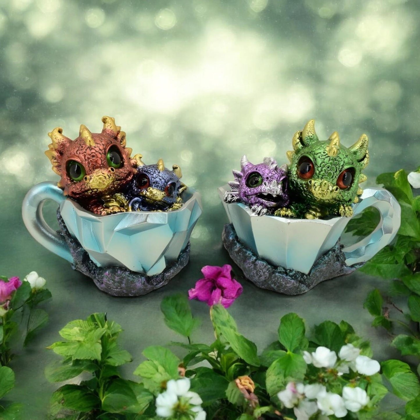 Pair of Dragon Hatchlings 11.2cm - Cute Resin Baby Dragons in Teacup Fantasy Ornaments