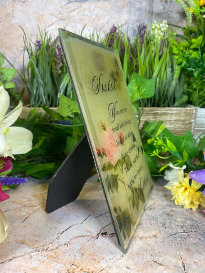 Cherished Sister Freestanding Glass Plaque, Sentimental Sisterhood Keepsake, Floral and Butterfly Tribute, Heartfelt Gift for Sibling-Osiris Craftworks