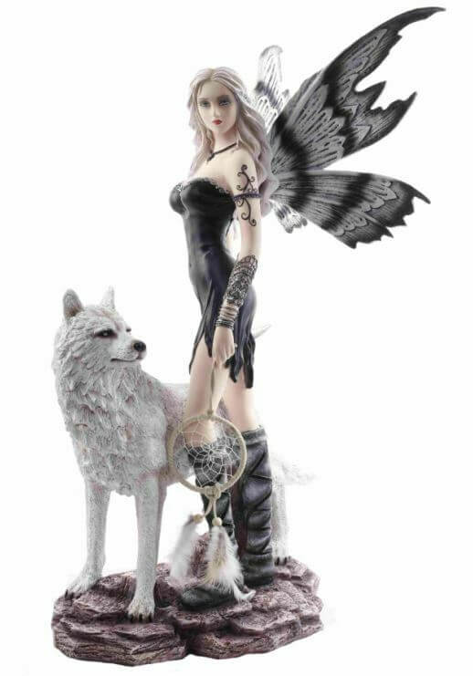 Large Dark Gothic Fairy and Wolf Companion Sculpture Statue Mythical Creatures