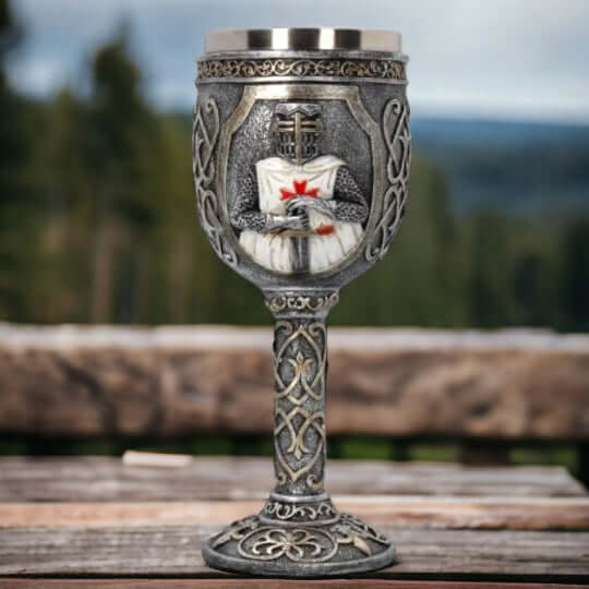 Templar Knight Chalice | Gothic Medieval Stainless Steel Goblet | Resin Art Collectible | Antique-Style Crusader Cup 19cm-Osiris Craftworks