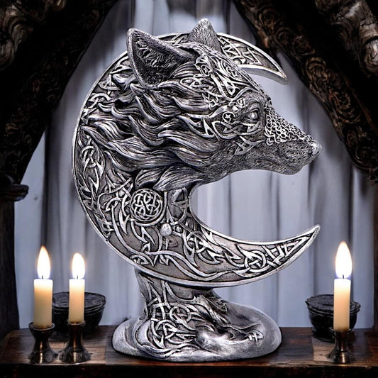 Celtic Crescent Wolf and Moon Ornament Knotwork Sculpture ancient symbolism