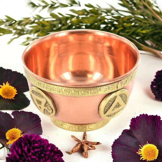 Elements Copper Offering Bowl with Ancient Symbolic Design – Perfect for Rituals, Ceremonial Use & Home Decor