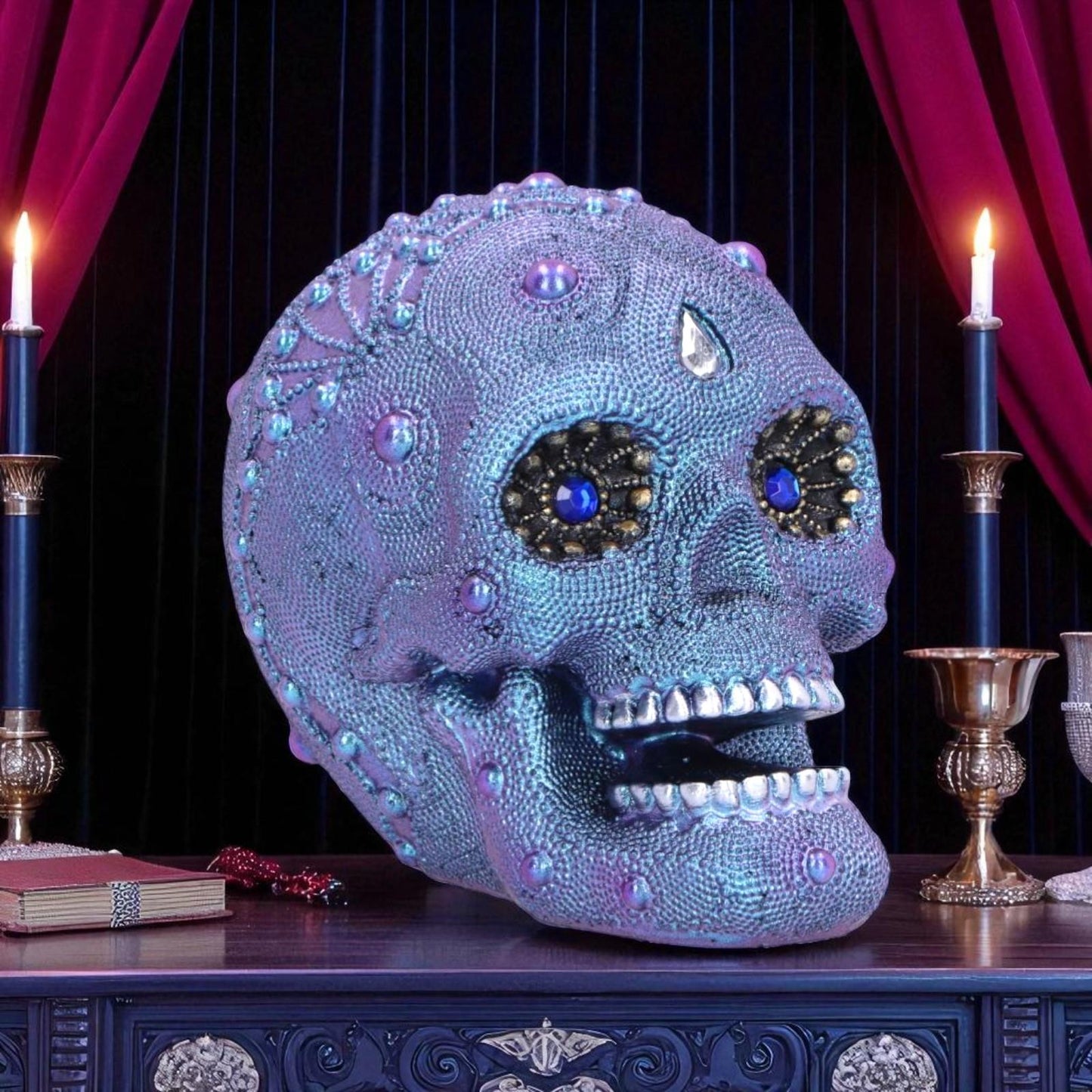 Gothic Jewelled Skull Figurine Gemstone Eyes Halloween Art Decor Ornament Gift