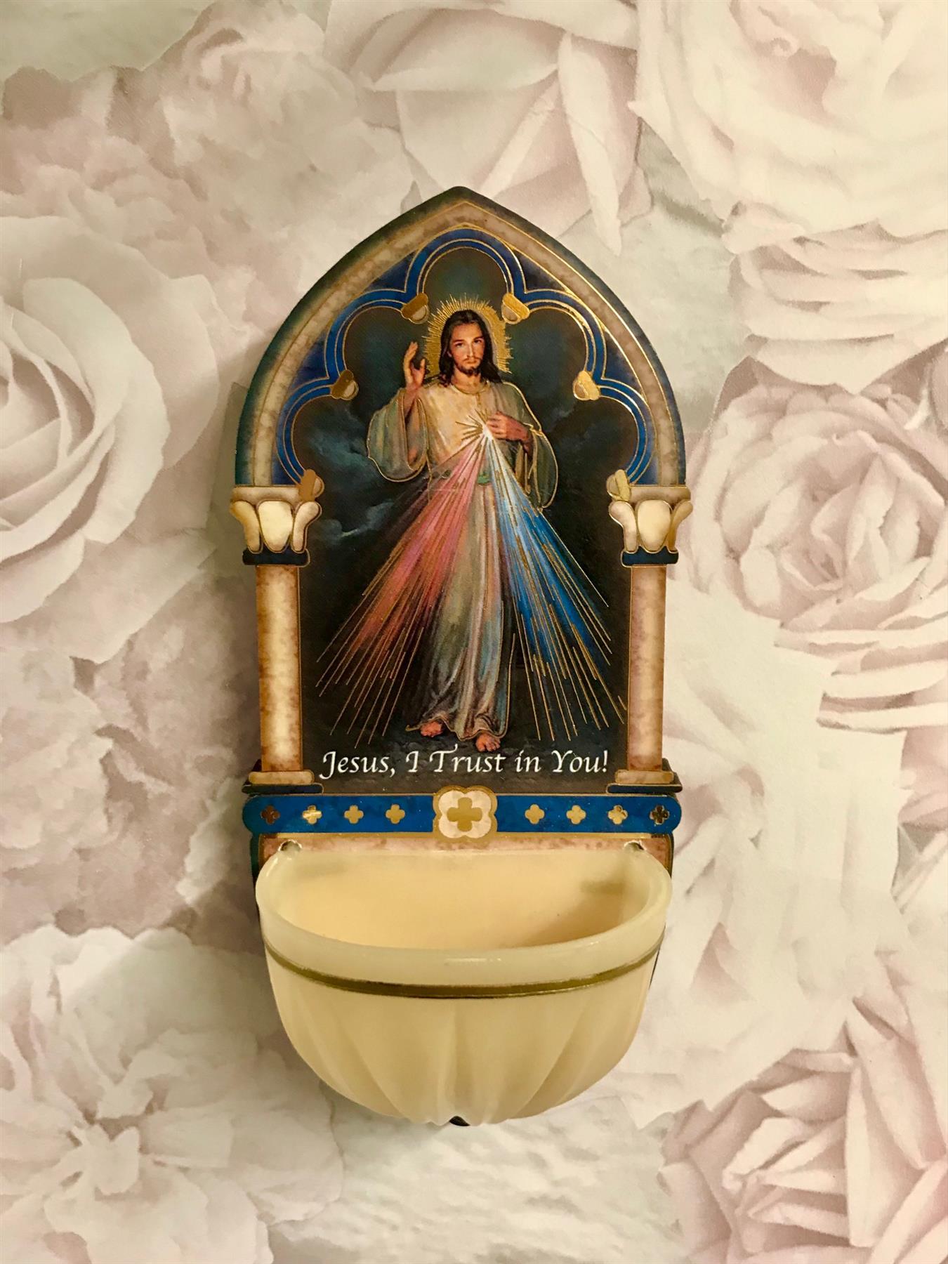 Luminous Divine Mercy Holy Water Font | 12.5 cm Gold Foil Catholic Religious Decor | Blessing & Protection