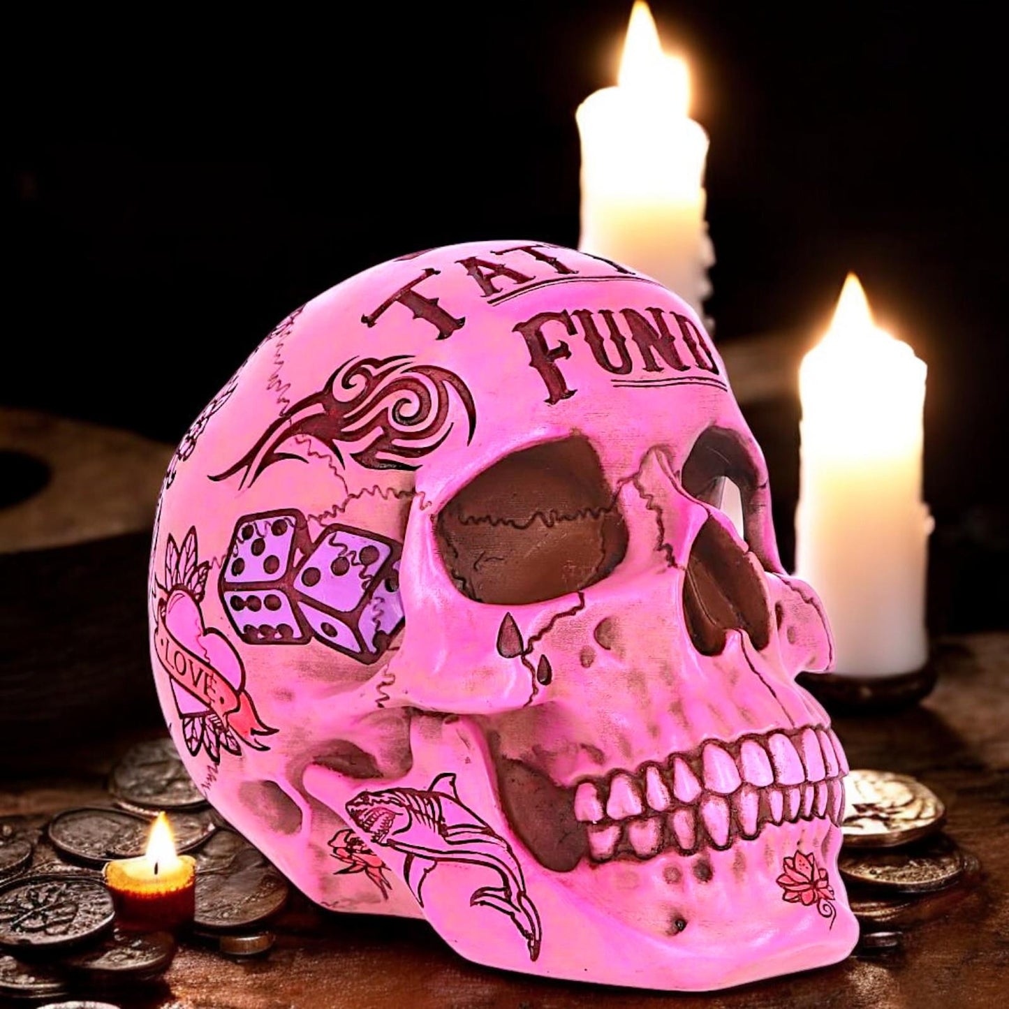 Pink Gothic Tattoo Skull Money Box | Resin Skull Coin Bank | Tattoo Fund Gift Box