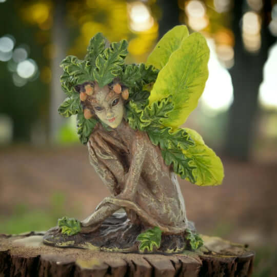 Enchanted Oak Leaf Fairy Figurine, Indoor/Outdoor Garden Statue, Mystical Woodland Nymph Decor, Whimsical Art, Nature-Inspired Collectible