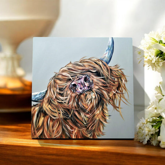 CASSY MCSASSY Highland Cow Ceramic Art Tile by Sam Fenner 20x20 cm – Ready to Hang