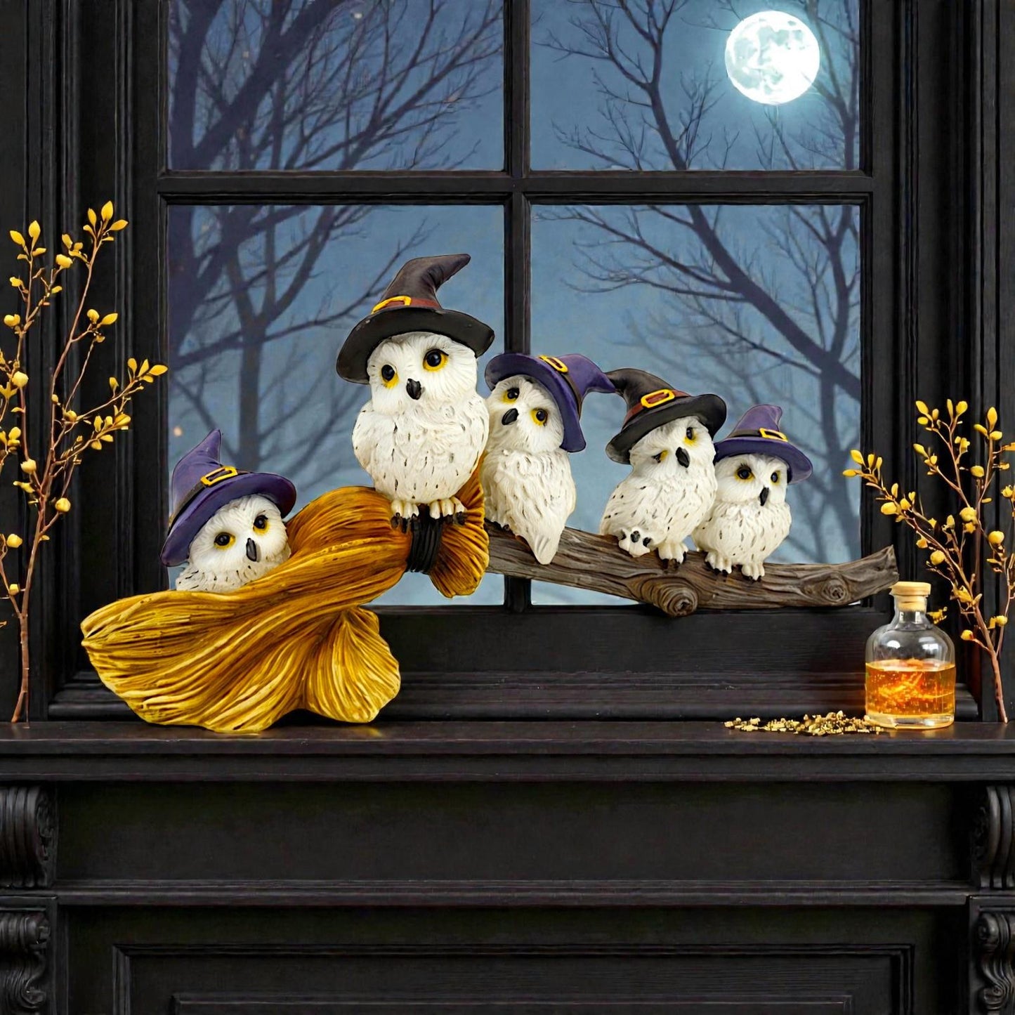 Cute Witch Owls Sitting On Broom Statue Gothic Halloween Fantasy Ornament