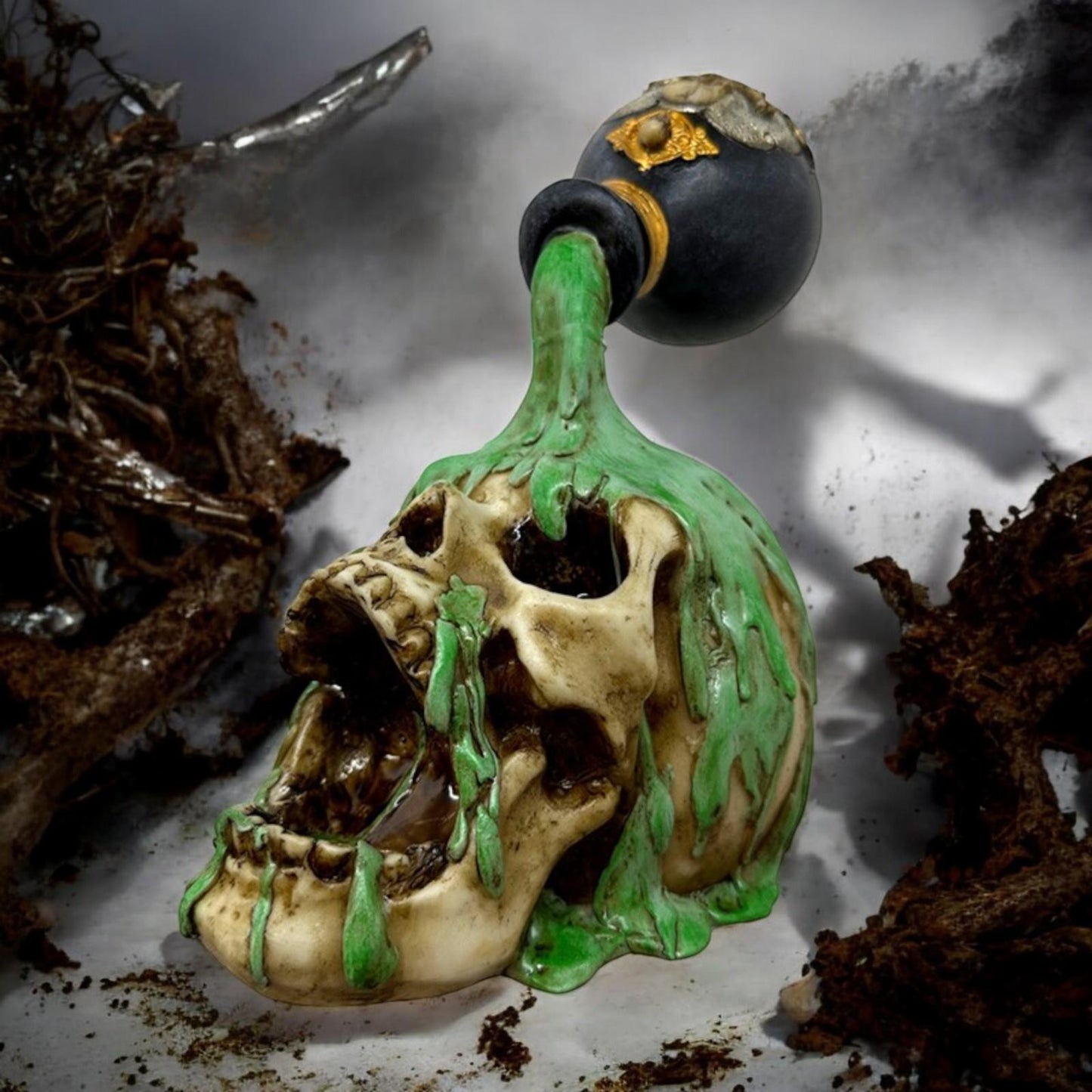 Alchemy Skull Gothic Figurine Toxic Potion Statue Witchcraft Fantasy Decor 19.5 cm