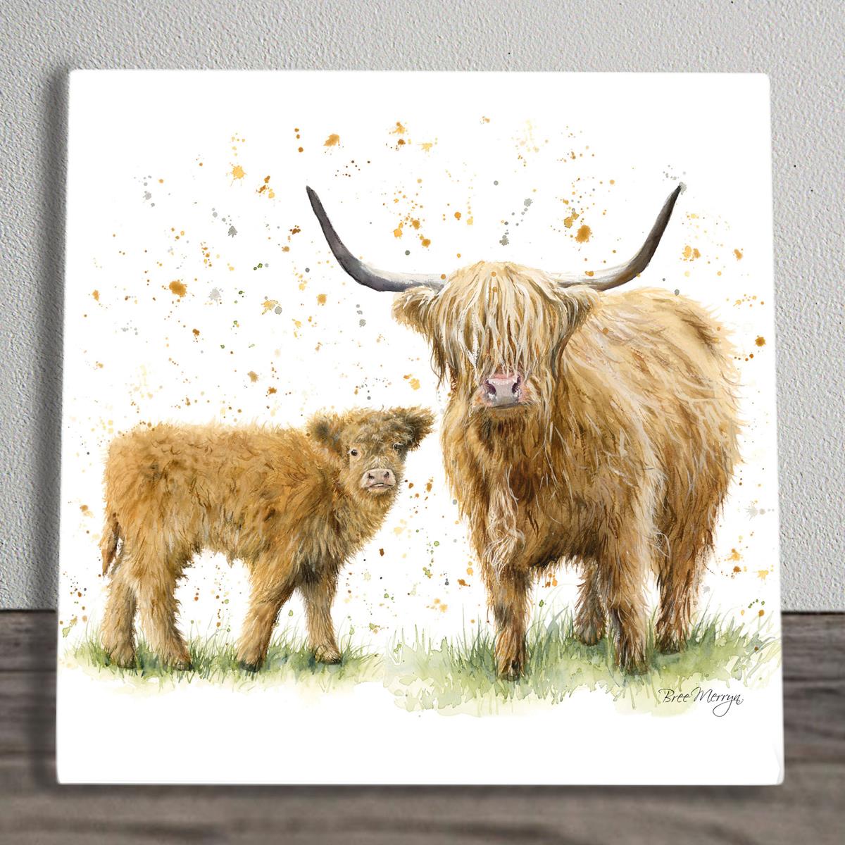 Happy Highlands Ceramic Art Tile by Bree Merryn 20x20cm - Wall Ready - Highland Cow & Calf