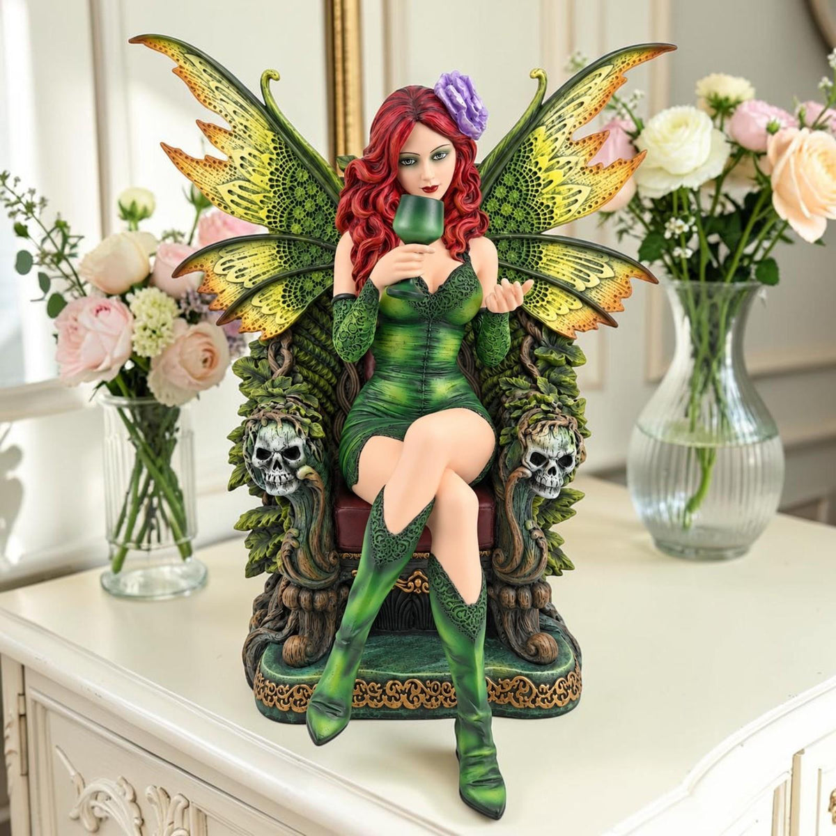 Gothic Emerald Fairy Statue Figurine Green Fantasy Throne Sculpture 46cm