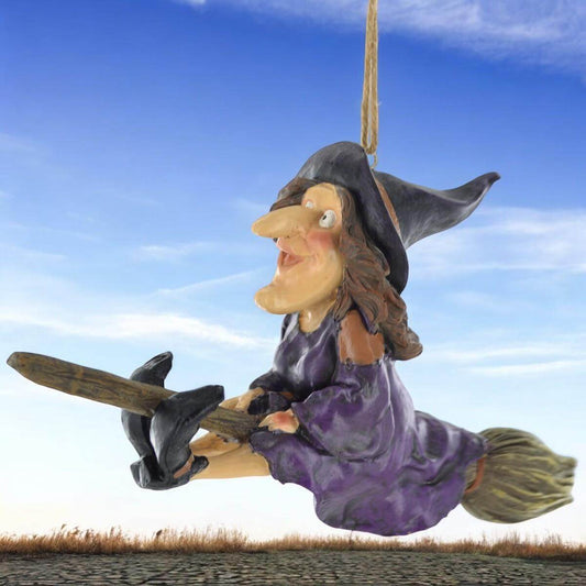 Charming Resin Witch on Broomstick Figurine - Spooky Halloween Decor - 27cm Hanging Witch Statue