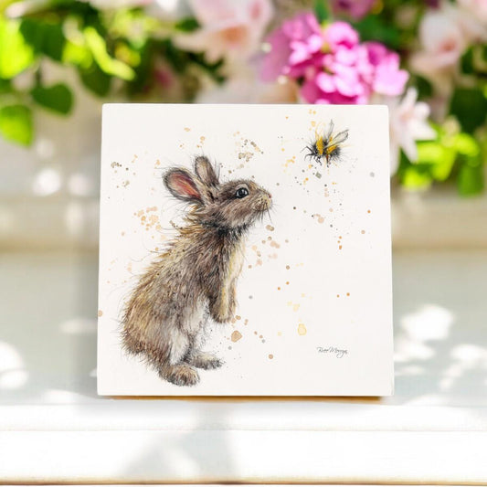 Bugsy and Bumble Bree Merryn Ceramic Art Tile 20x20cm - Bunny and Bee Wall Decor, Ready to Hang, Nature-Inspired Gift for Animal Lovers