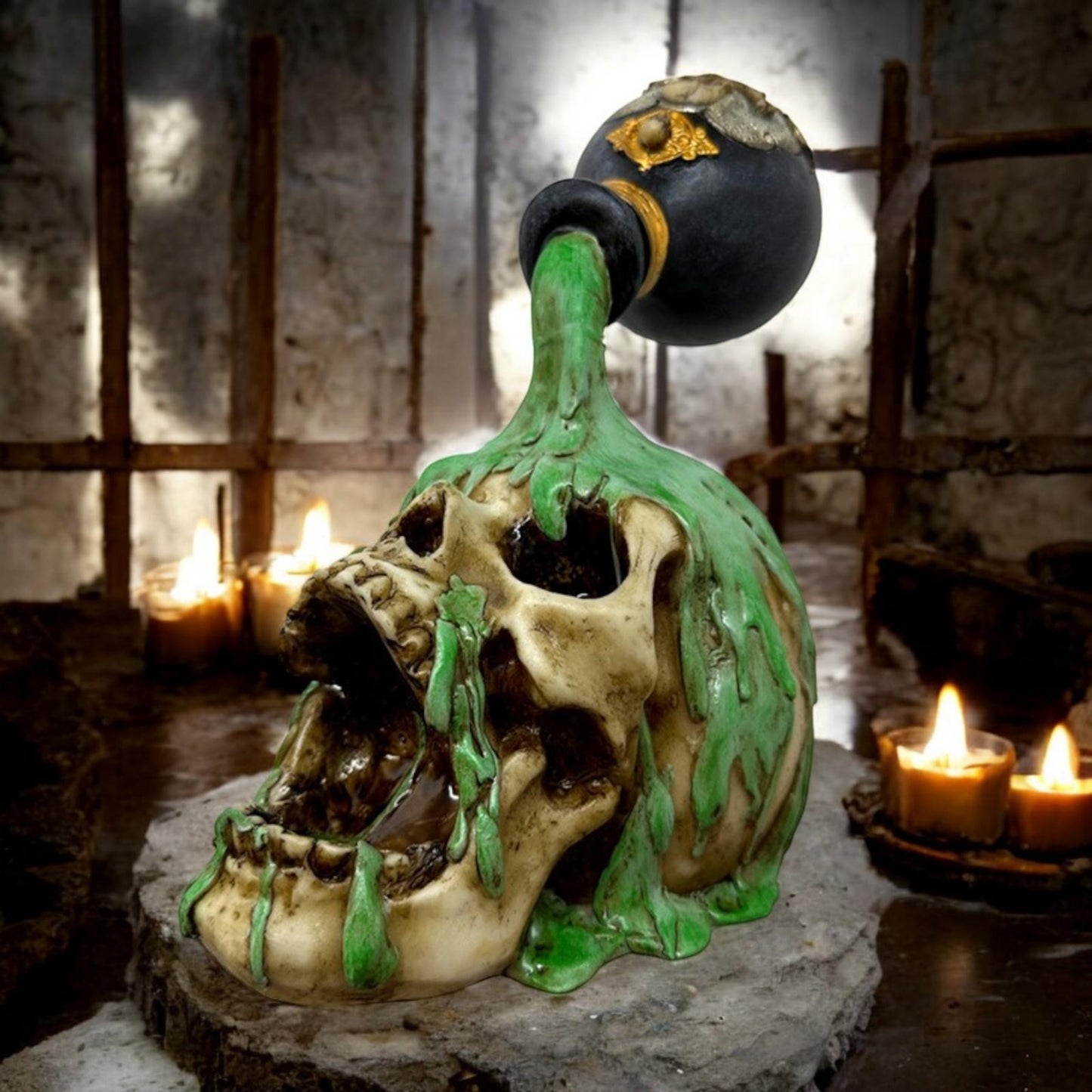 Alchemy Skull Gothic Figurine Toxic Potion Statue Witchcraft Fantasy Decor 19.5 cm