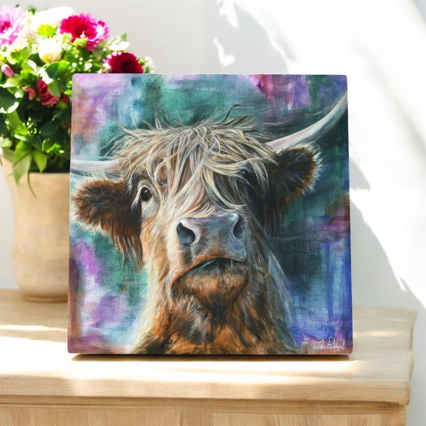 HECTOR HIGHLAND COW Ceramic Art Tile by PANKHURST GALLERY 20x20cm Ready to Hang - Boxed