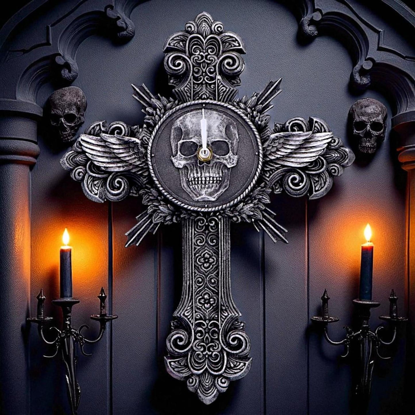 Horas Gothic Wall Clock Skull Cross Wings Silver Dark Fantasy Halloween Decor