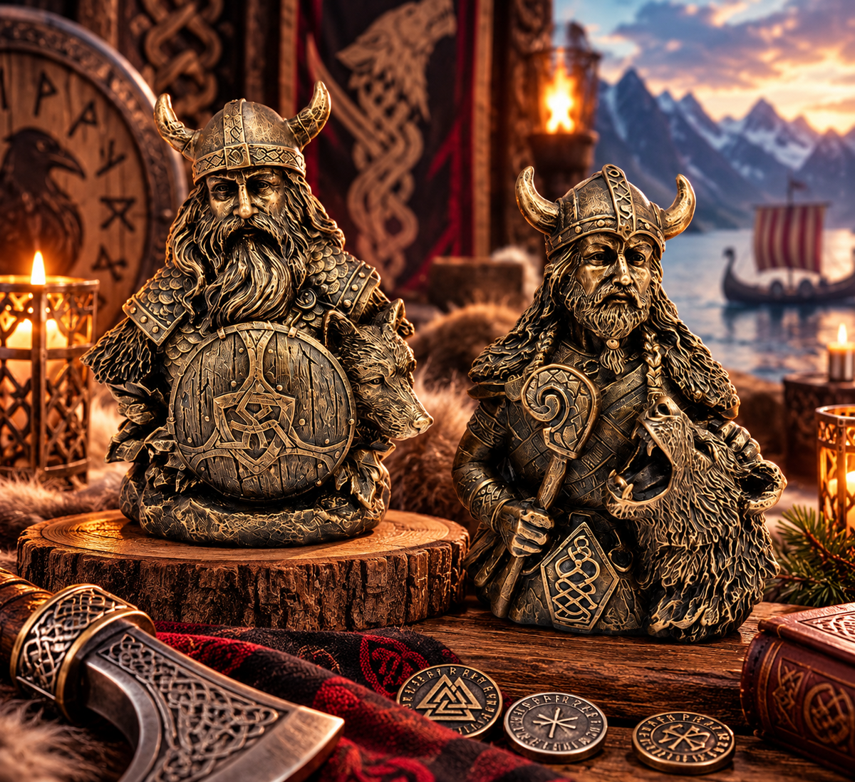 Pair Viking Warrior Wolf Bust Statues Norse Mythology Nordic Figurines 13cm