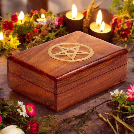 Sheesham Wood Pentagram Jewellery Box Pagan Witchcraft Altar Storage Chest 17.5cm