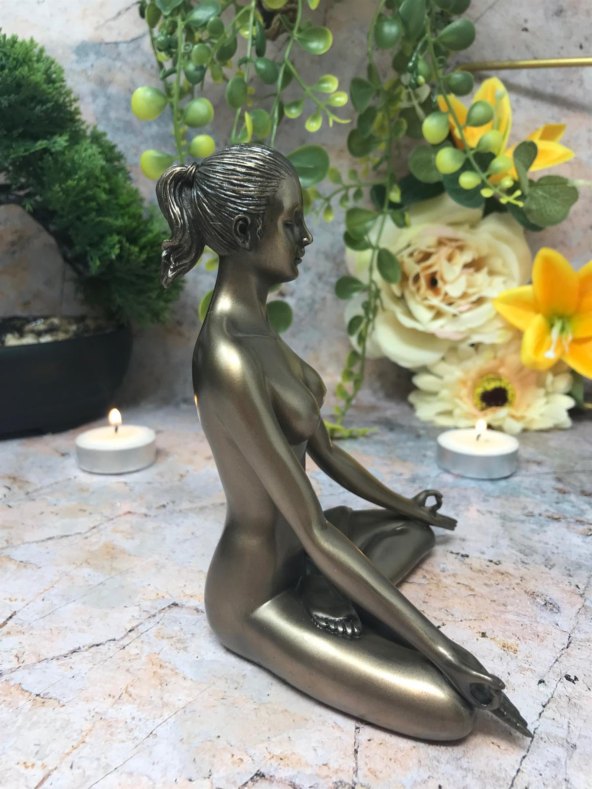 Bronze Finish Yoga Woman Statue - 12cm Meditation Figurine - Parastone Resin Sculpture