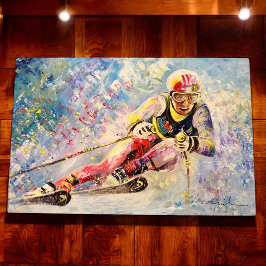 DOWNHILL SKI Ceramic Art Tile - Miki De Goodaboom - Winter Sports Decor, Skiing Wall Art, Vibrant Ceramic Tile 30x20cm-Osiris Craftworks