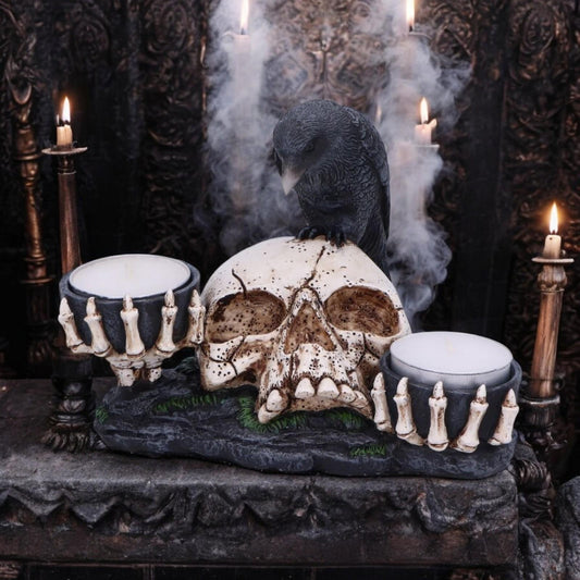 Skull and Raven Candle Holder Gothic Resin Figurine Dark Fantasy Decor 15cm