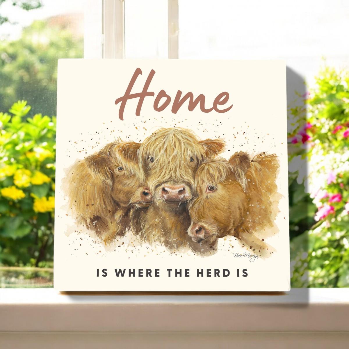 COW TRIO HOME Ceramic Art Tile by Bree Merryn, 20x20 cm – Highland Cattle Design, Ready to Hang, Unique Wall Decor