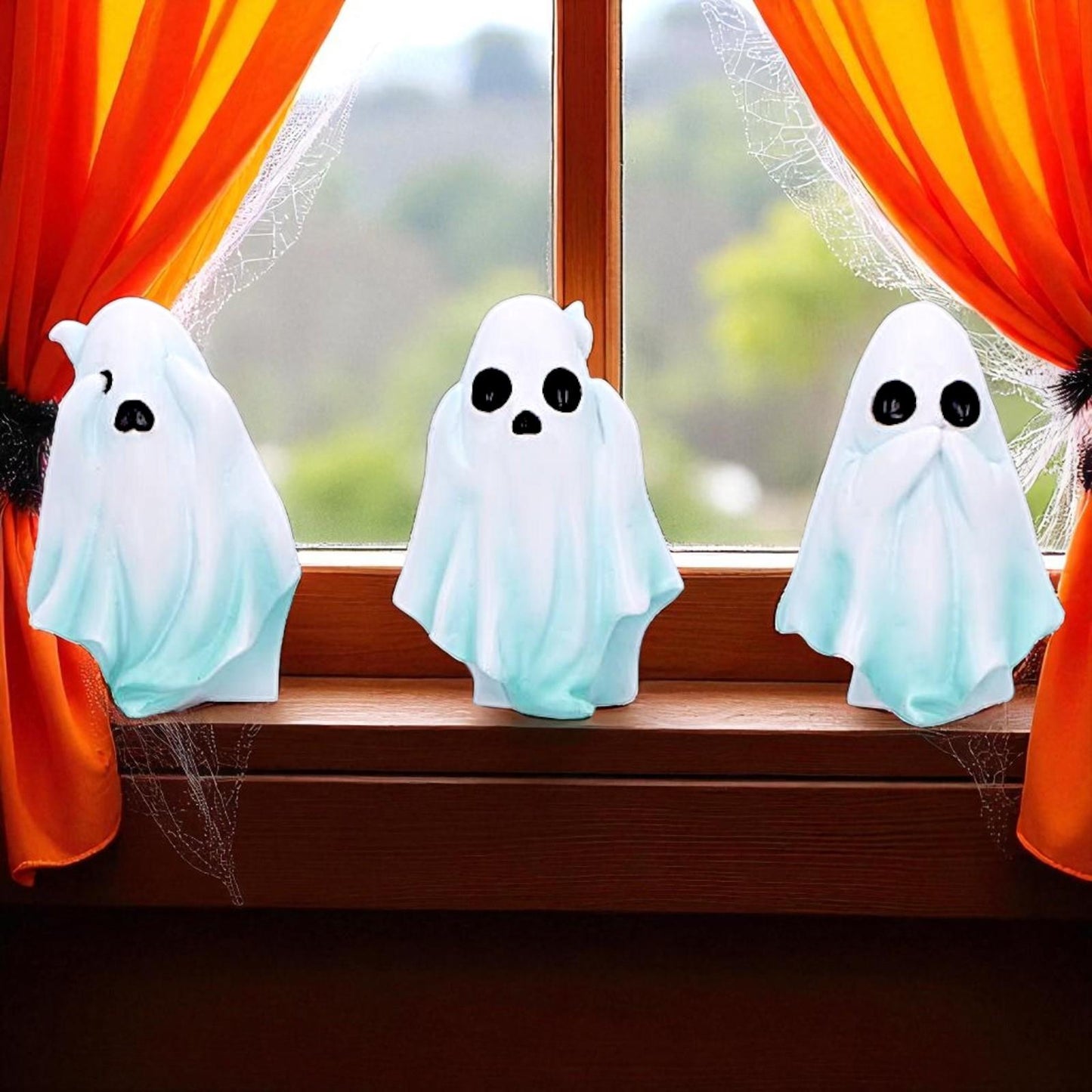 Spooky Ghost Figurine Set Hear No, Speak No, See No Evil  Halloween Figurines