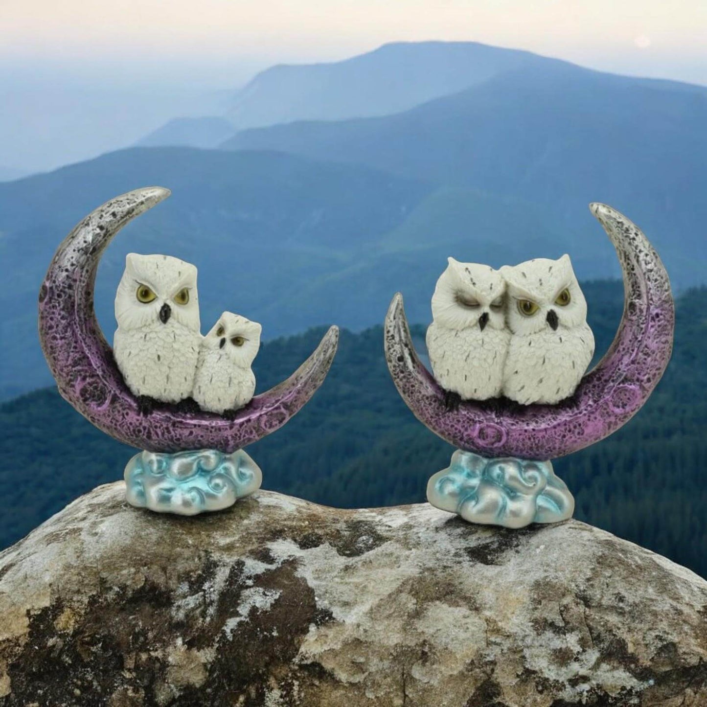 Set of 2 Snowy Owl on Moon Figurines - Fantasy Decor - Resin Art Sculpture