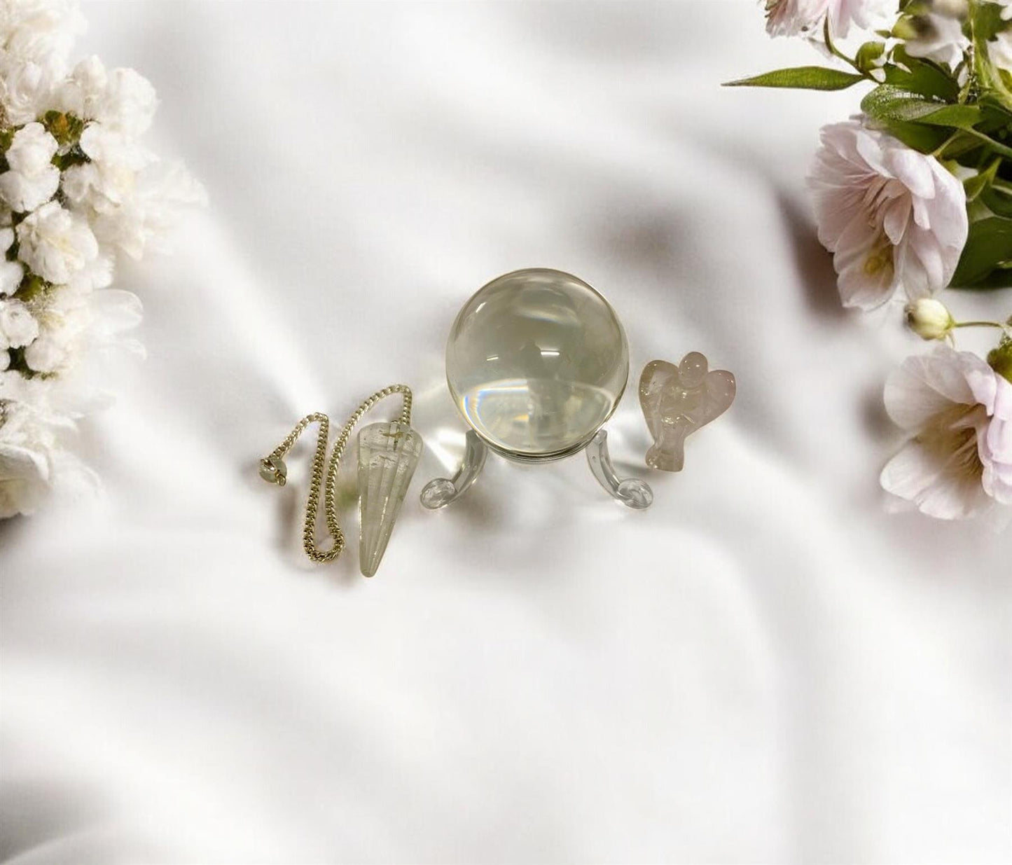 Small Clear Quartz Crystal Ball & Stand, Quartz Dowsing Pendulum & 3cm Quartz Angel Set - 4cm Sphere