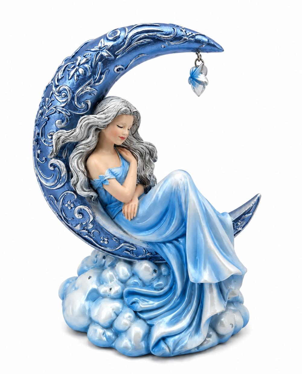 Moon Fairy Figurine Resting on Crescent Moon Celestial Fantasy Ornament 17.8cm