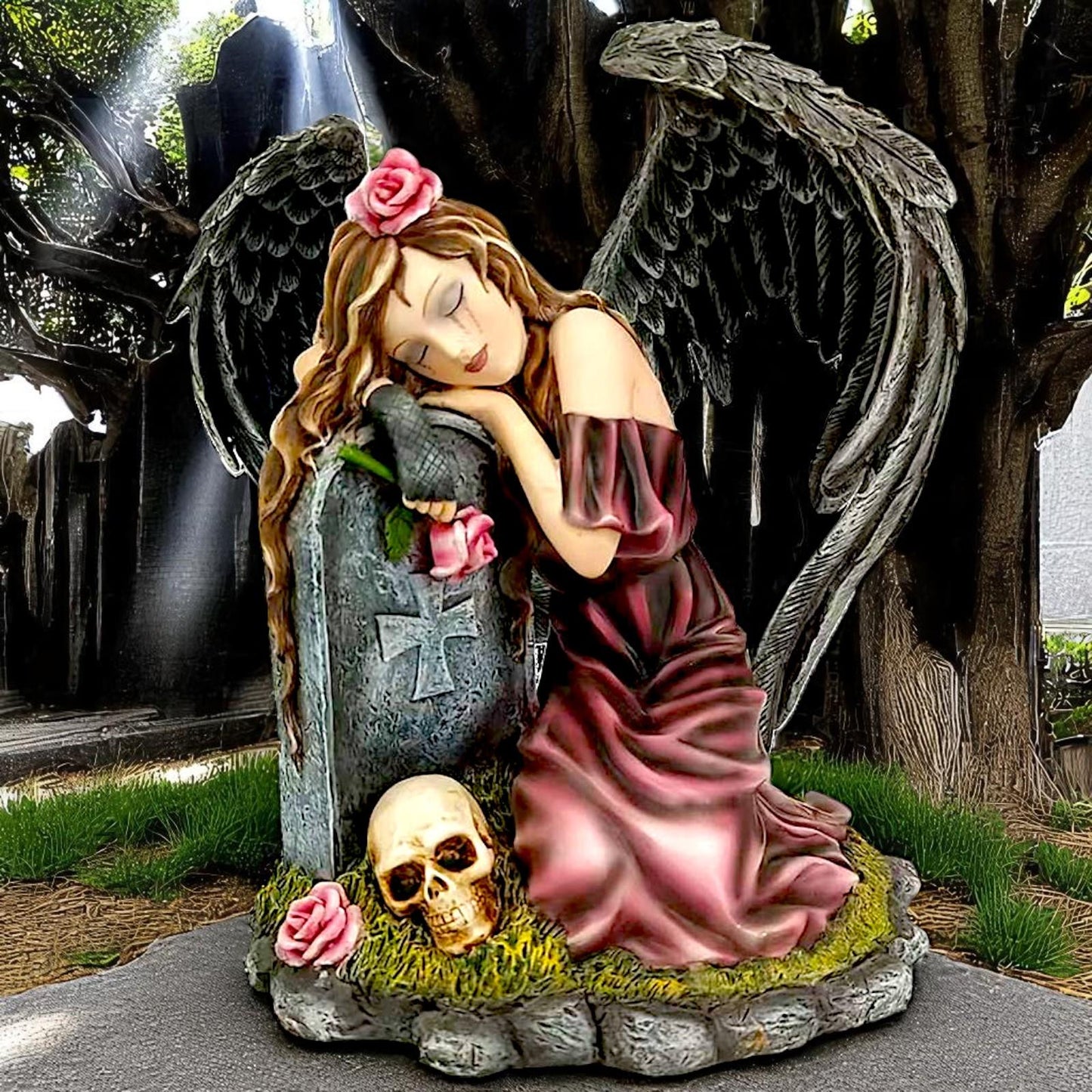 Gothic Mourning Angel + Gravestone Remembrance Statue Fantasy Love Figurine