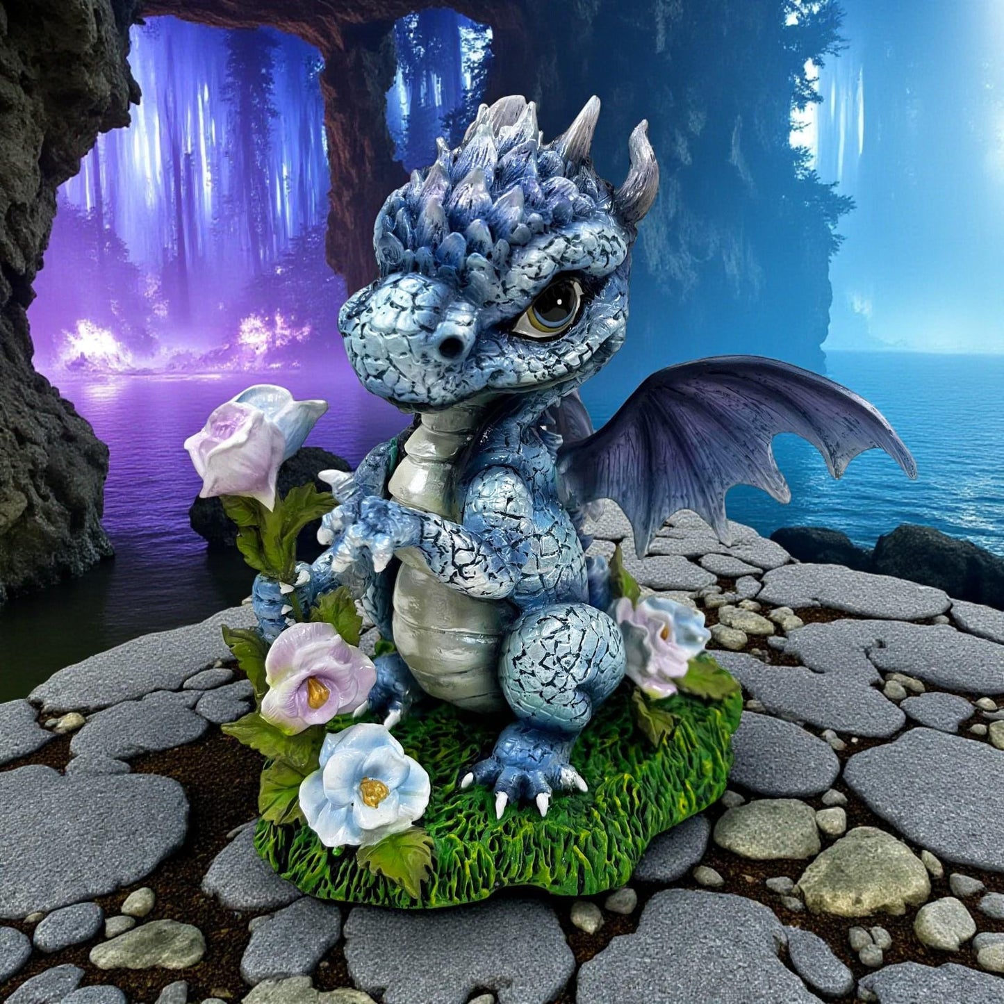 Fantasy Dragon Ornament Blue Resin Baby Dragon Figurine Gothic Collectible 13.5 cm