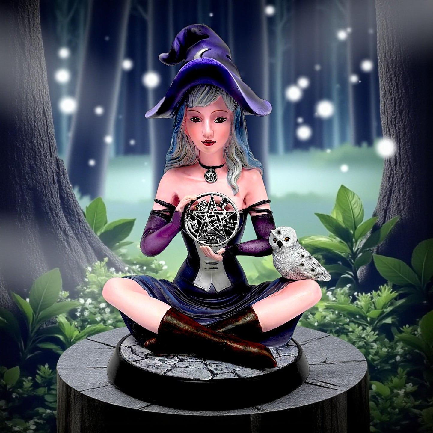 Fantasy Witch Holding Pentagram Figurine Wiccan Ornament  Statue with Owl