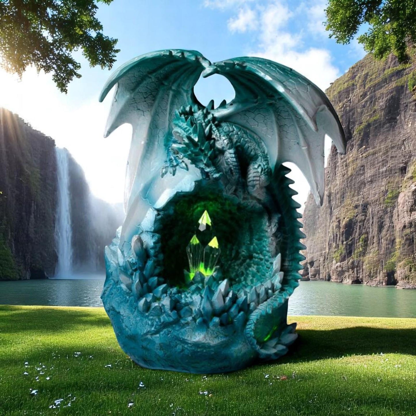 Blue Ice Dragon with LED Crystal | Fantasy Mythical Creature Ornament | Gothic Resin Sculpture