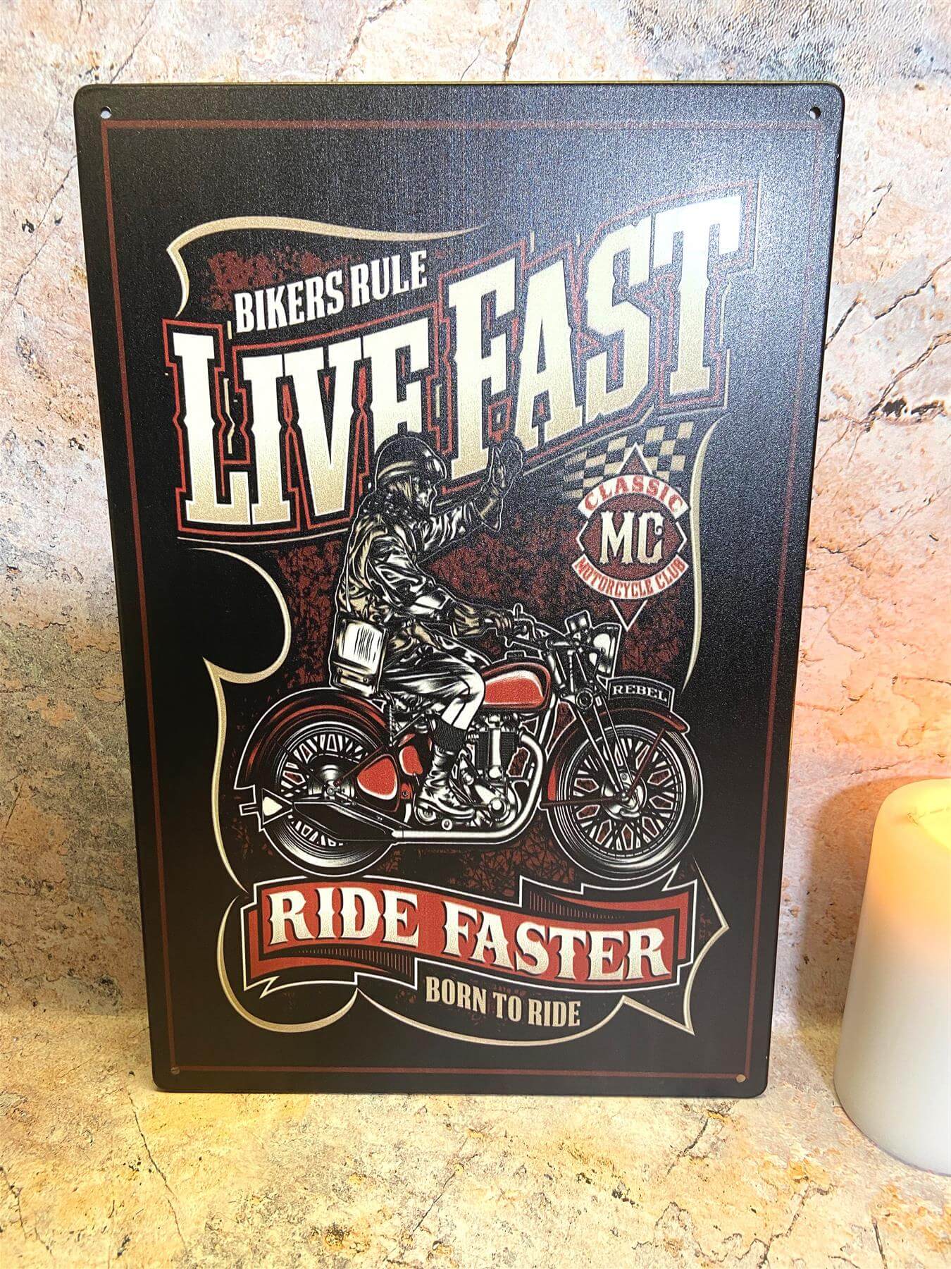 Biker's Rule Live Fast, Ride Faster - Metal Sign for Adventurous Souls Man Cave Garage Decor Shed-Osiris Craftworks