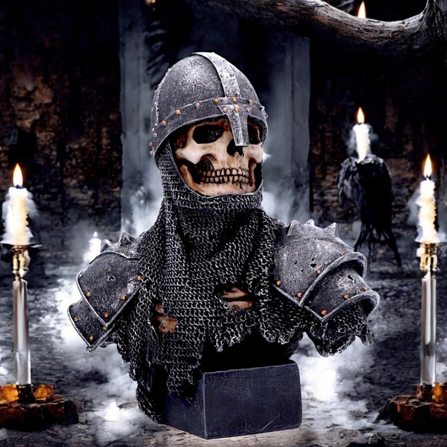 Gothic Skeleton Knight Bust  Medieval Statue Decor Skull Figurine Fantasy Ornament