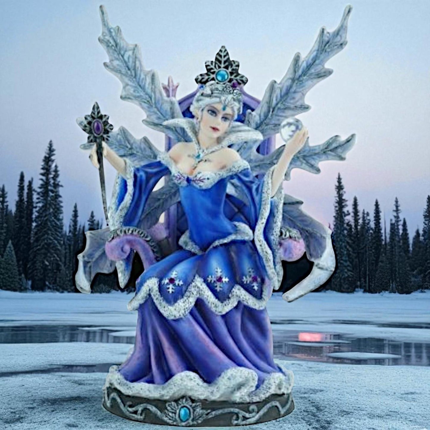 Gothic Snow Queen Resin Figurine Blue Ice Fairy Statue Mystical Winter Sculpture 27.5cm